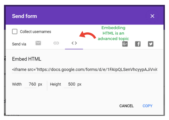 screenshot of google form send options embedding in HTML