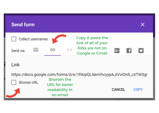 screenshot of google form send options with a link