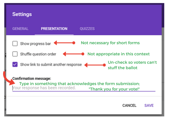 screenshot of google forms presentation settings